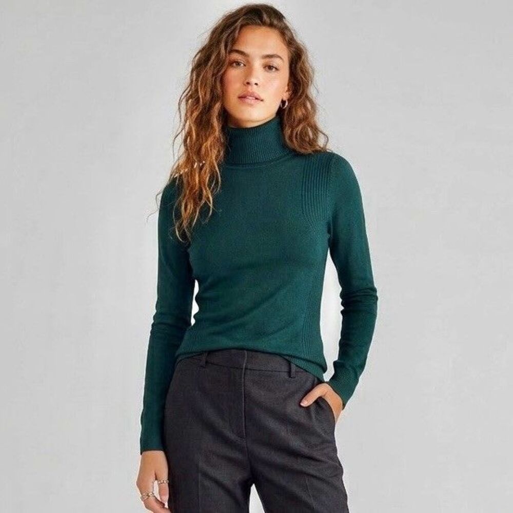 The Limited Long Sleeve Turtleneck Sweater XS Ribbed Green Stretch Office Work